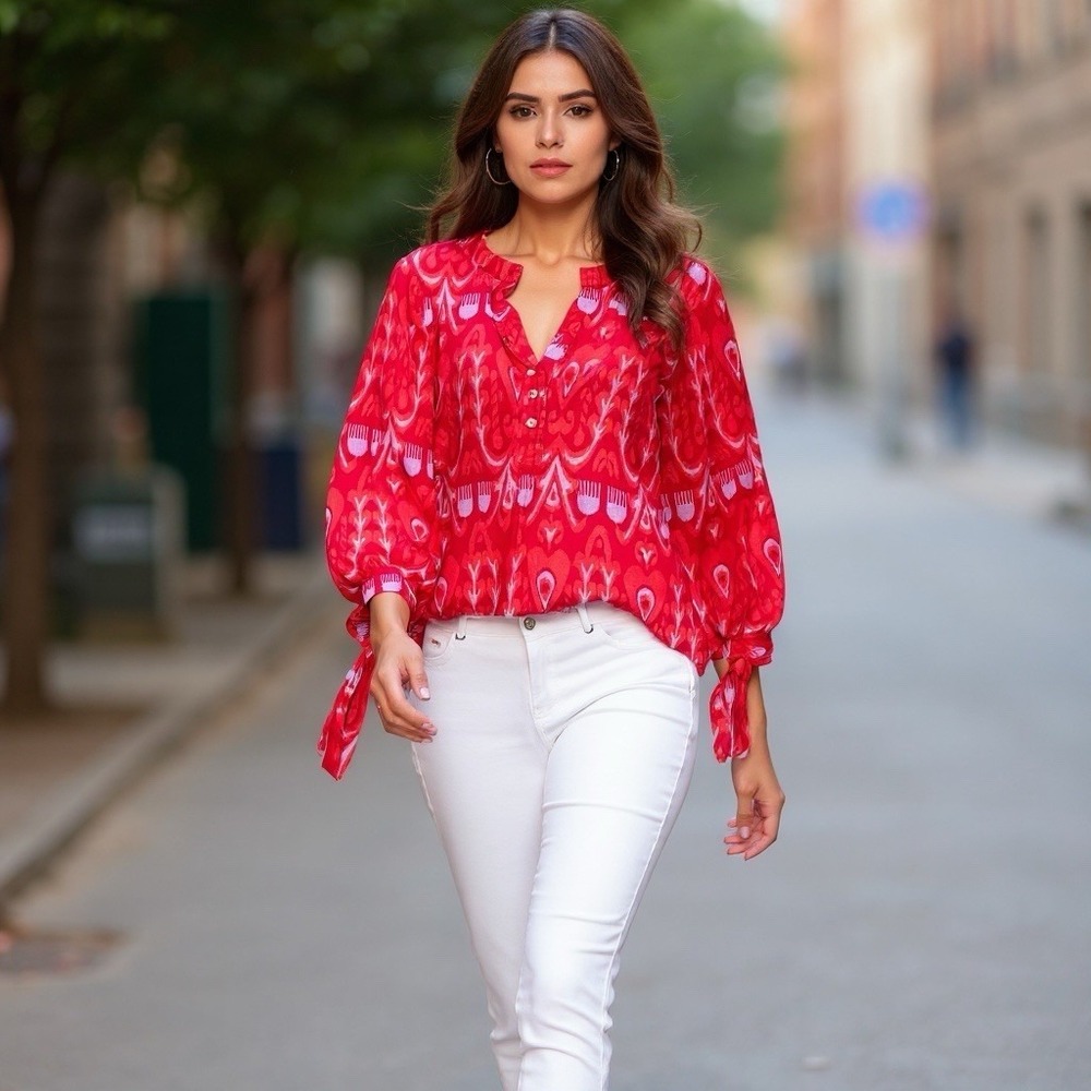 La Plage Size Large Pink 1/4 Button Boho Ballon Tie Sleeves Coastal Blouse